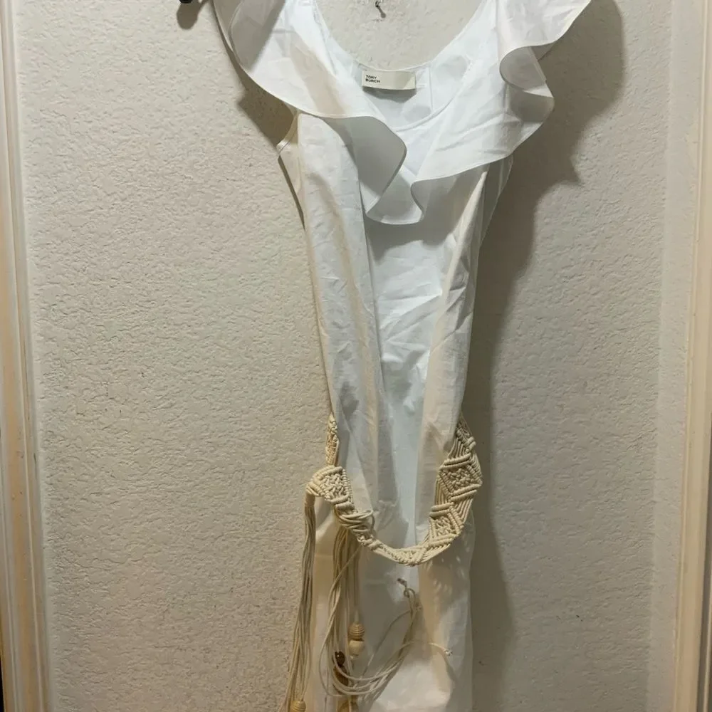 Tory Burch NWOT White flounce Dress with Woven Belt  size 2